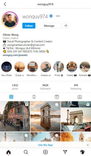 Example of Instagram Creator account